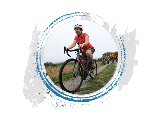 Circular image of woman biking