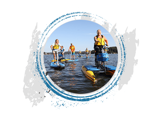 Circular image of women hydrobiking